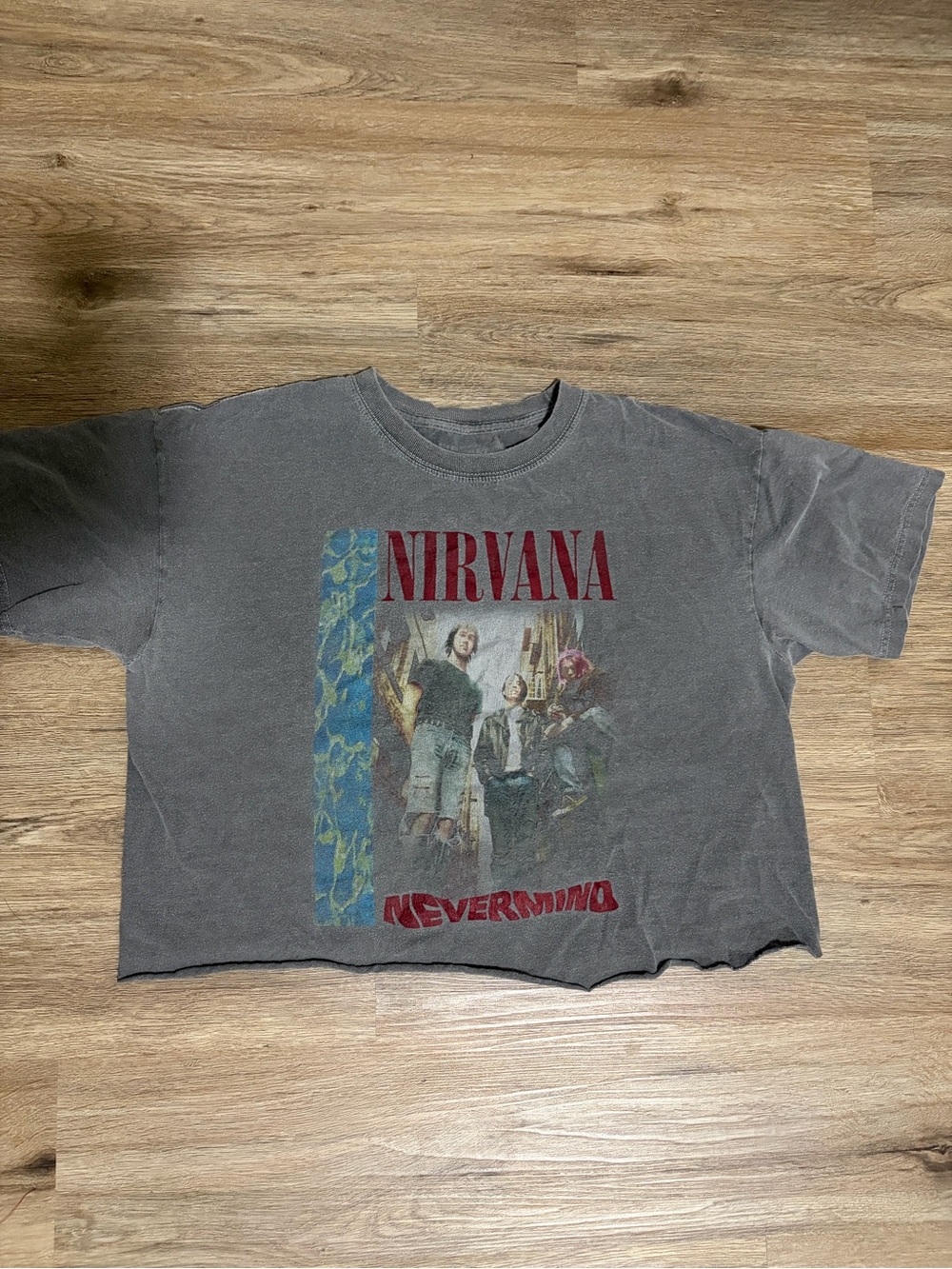 NIRVANA Gray Short-Sleeve Tee with Red Logo and Multicolor Graphic